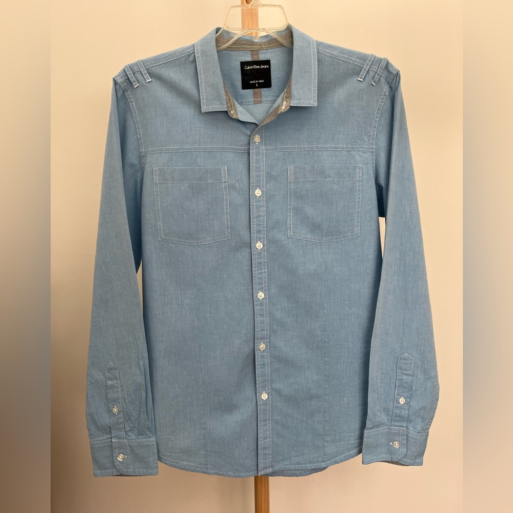Calvin Klein Jeans Light Blue Chambray Cotton Button Up Shirt Men's L